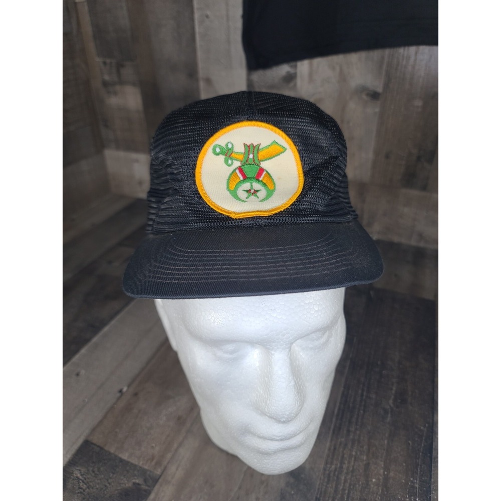 Vintage Mesh Snap Back Trucker Hat Black Shriners Mason Freemason Patch